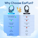 Earfun vaiki&scaron;kos ausinės dengiančios ausis, 2 vnt., su laidu, 85/94 Db garsumo ribotuvas, sulankstomos, reguliuojamos, stereo garsas, Hd mikrofonas, garso dalijimasis, skirtos mokyklai, kelionėms