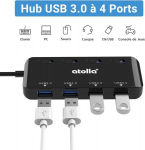 Atolla usb 3.0 &scaron;akotuvas su maitinimo juosta, duomenų &scaron;akotuvas, 4 prievadai, itin plonas, su 60 cm ilgio prailginimo laidu ir indikatoriaus lemputėmis vienam maitinimo jungikliui