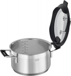 R&ouml;sle Silence Pro puodas, auk&scaron;tos kokybės universalus puodas pagamintas i&scaron; 18/10 nerūdijančio plieno, 24 cm, stiklinis dangtis, vidinė skalė, tinka indukcinėms viryklėms, galima plauti indaplovėje, sidabrinis/juodas