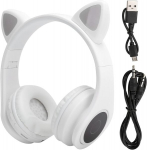 Yunseity ausinės su katės ausimis vaikams, bluetooth, su mikrofonu, led ap&scaron;vietimas, tf kortelės palaikymas, sulankstomos ausinės mergaitėms, berniukams, suaugusiems (baltos)