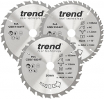 Trend Wood akumuliatorinio diskinio pjūklo diskai, 3 vnt., 165 mm skersmuo, 20 mm skylė, 24 ir 40 dantų, Hw, 1,5 mm pjovimo plotis, +15&deg; kampas, Csb/165/3pk/c