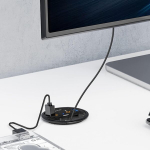 Orico usb stalo &scaron;akotuvas 3.0 5-in-1 usb &scaron;akotuvas stalo kabelio kreiptuvas su 2 usb a 3.0 prievadais, ausinių adapteris 3.5 mm, 1 usb-c prievadas, 1.5 m ilgio prailginimo laidas 60 mm skersmens skylei (juodas)