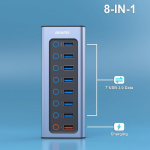 Benfei maitinamas usb &scaron;akotuvas su maitinimo &scaron;altiniu, 8 prievadų usb skirstytuvas (7 spartesni duomenų perdavimo prievadai + 1 i&scaron;manusis įkrovimo prievadas) su atskirais led įjungimo/i&scaron;jungimo jungikliais