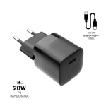 FIXED Mini USB-C i&scaron;vesties įkroviklis ir USB-C-USB-C kabelio rinkinys, PD palaikymas, 1 metras, 20 W, juodas