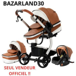 BAZARLAND30. 3 in 1 kūdikio vežimėlis kombinacija automobilinė kėdutė lop&scaron;ys trijų dalių apverčiamas PU oda nepramu&scaron;amos ratukai. RUDAS