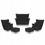 Rene Estella sofos komplektas su wingback, foteliai, pufai, Family Meble, juodas velvetas