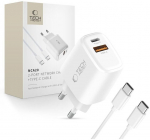Sieninis įkroviklis su USB-C ir USB-A, 20W greitas įkrovimas, baltas