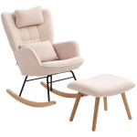 Sūpynės kėdė su pufu, mink&scaron;tu fliso apmu&scaron;alu, medinėmis kojomis, pagalvėle, auk&scaron;tu atlo&scaron;u, sūpynės krėslas, smėlio spalvos, Smėlio spalvos
