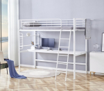 DOLCE Dviauk&scaron;tė lova su stalu ir organizatoriumi, balta &ndash; vietą taupanti metalinė palėpės lova 90x200 cm čiužiniui