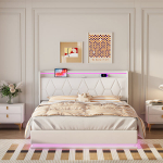 Lova, 140 x 200 cm, balta, mink&scaron;ta, su dujiniu keltuvu, su LED ap&scaron;vietimu, su USB įkrovimu, su sandėliavimu