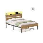 Dvigulės lovos rėmas 140 x 200 cm, metalinis, su LED ir USB-A/C, vieta daiktams, industrinis stilius, natūrali ruda
