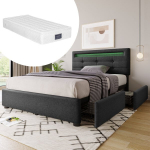 Mink&scaron;ta viengulė lova 90&times;200 cm su LED ap&scaron;vietimu ir 2 stalčiais, reguliuojamas galvūgalis, su čiužiniu, pilka, 1 vnt