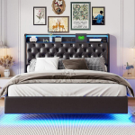 Mink&scaron;ta lova 140&times;200 su LED, hidrauliniu pakėlimo mechanizmu, daiktadėže ir USB įkrovimu, juoda PU