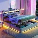 Lova 140x190 cm - LED ir USB - Vieta daiktams laikyti - Aksominė - Pilka