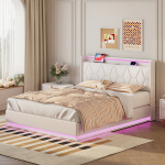 Dvigulė lova, 140x200 cm, su LED &scaron;viesos ir USB įkrovimu, grotelių rėmas, balta, pu, be čiužinio