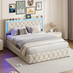 Dvigulė lova 160 x 200 cm, apmu&scaron;ta lova su LED ap&scaron;vietimu, USB jungtimi, smėlio spalvos, linas