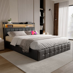 Dvigulė lova 160 x 200 cm, apmu&scaron;ta lova su LED, USB Type-C, juoda, PU