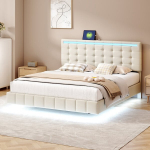 Dvigulė lova 160x200cm, su LED ir USB, plaukiojanti lova, lininė, smėlio spalvos