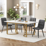 Valgomojo komplektas 140x80 cm, stalas su 4 kėdėmis, MDF stalvir&scaron;is, metalinės aukso kojos, tamsiai pilkas