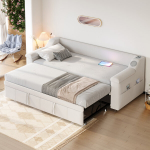 Polsterinė lova 90/180x190 cm, su Bluetooth garsiakalbiu, USB, stalčiais, aksomas, beige