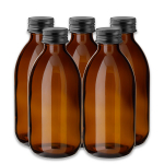250 ml rudos spalvos stiklinis butelis su PP28 dangteliu ir juodu sraigtiniu kam&scaron;čiu, 5 vnt. rinkinys