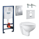 WC komplektas Grohe Bau Ceramic Rimless: potinkinis rėmas + klozetas + lėtaeigis dangtis + mygtukas