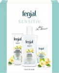 Kūno priežiūros rinkinys Fenjal Sensitive: du&scaron;o želė, 200 ml + rankų kremas, 75 ml + muilas, 100 g + kosmetinė