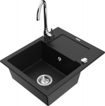 Granitinė virtuvinė plautuvė Mexen Enzo su mai&scaron;ytuvu ir sifonu, Black+Chrome