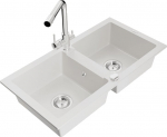 Granitinė virtuvinė plautuvė Mexen Mario su mai&scaron;ytuvu ir sifonu, White+Chrome