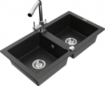 Granitinė virtuvinė plautuvė Mexen Mario su mai&scaron;ytuvu ir sifonu, Metallic black/silver+Chrome