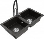 Granitinė virtuvinė plautuvė Mexen Mario su mai&scaron;ytuvu ir sifonu, Metallic black/gold+Black/Chrome