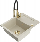 Granitinė virtuvinė plautuvė Mexen Enzo su mai&scaron;ytuvu ir sifonu, Beige+Black/Gold