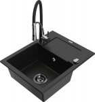 Granitinė virtuvinė plautuvė Mexen Enzo su mai&scaron;ytuvu ir sifonu, Black+Black/Chrome