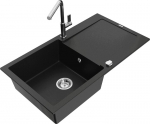 Granitinė virtuvinė plautuvė Mexen Leo su mai&scaron;ytuvu ir sifonu, Black+Chrome