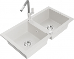 Granitinė virtuvinė plautuvė Mexen Mario su mai&scaron;ytuvu ir sifonu, White+Grey/Chrome