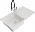 Granitinė virtuvinė plautuvė Mexen Leo su mai&scaron;ytuvu ir sifonu, White+Black/Chrome