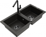 Granitinė virtuvinė plautuvė Mexen Mario su mai&scaron;ytuvu ir sifonu, Metallic black/gold+Black