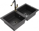 Granitinė virtuvinė plautuvė Mexen Mario su mai&scaron;ytuvu ir sifonu, Black granite+Black/Gold