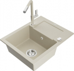 Granitinė virtuvinė plautuvė Mexen Enzo su mai&scaron;ytuvu ir sifonu, Beige+Beige/Chrome