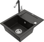 Granitinė virtuvinė plautuvė Mexen Enzo su mai&scaron;ytuvu ir sifonu, Metallic black/gold+Black/Chrome