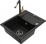 Granitinė virtuvinė plautuvė Mexen Enzo su mai&scaron;ytuvu ir sifonu, Black+Black/Gold