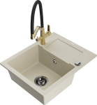 Granitinė virtuvinė plautuvė Mexen Enzo su mai&scaron;ytuvu ir sifonu, Beige+Black/Gold