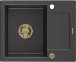 Granitinė virtuvinė plautuvė Mexen Enzo su sifonu, Black granite+Gold, 576 x 465 mm