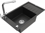 Granitinė virtuvinė plautuvė Mexen Elias su mai&scaron;ytuvu ir sifonu, Metallic black/silver+Chrome