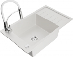 Granitinė virtuvinė plautuvė Mexen Elias su mai&scaron;ytuvu ir sifonu, White+White/Chrome