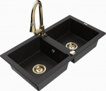 Granitinė virtuvinė plautuvė Mexen Mario su mai&scaron;ytuvu ir sifonu, Black+Gold