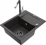 Granitinė virtuvinė plautuvė Mexen Enzo su mai&scaron;ytuvu ir sifonu, Black granite+Black granite/Chrome