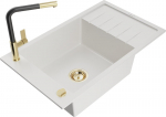 Granitinė virtuvinė plautuvė Mexen Elias su mai&scaron;ytuvu ir sifonu, White+Black/Gold