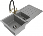 Granitinė virtuvinė plautuvė Mexen Andres su mai&scaron;ytuvu ir sifonu, Grey+Black/Gold