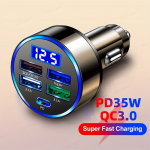 Automobilinis įkroviklis su 4 USB, PD ir QC 3.0, ekranu